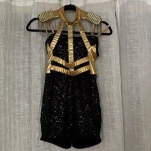 Child's Jazz Dance One Piece Unitard, Black Sequin and Gold, Size Large Child